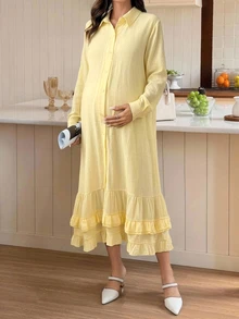 Dazy Maternity فستان حمل كاجوال بلون موحد فضفاض بأكمام طويلة وتفاصيل كشكشة مطوية، مناسب للعطلات، ربيع/خريف - أصفر - مشاهدة 6
