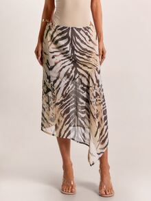 SHEIN BAE Fall Apricot Animal Print High Waist Asymmetrical Flowy Chiffon Midi Skirt Vacation Boho Date Street Casual Beach - Multicolor - View 5