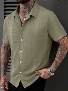 SLATEMANN Solid Color Knit Jacquard Men's Short Sleeve Shirt - Green - View 1