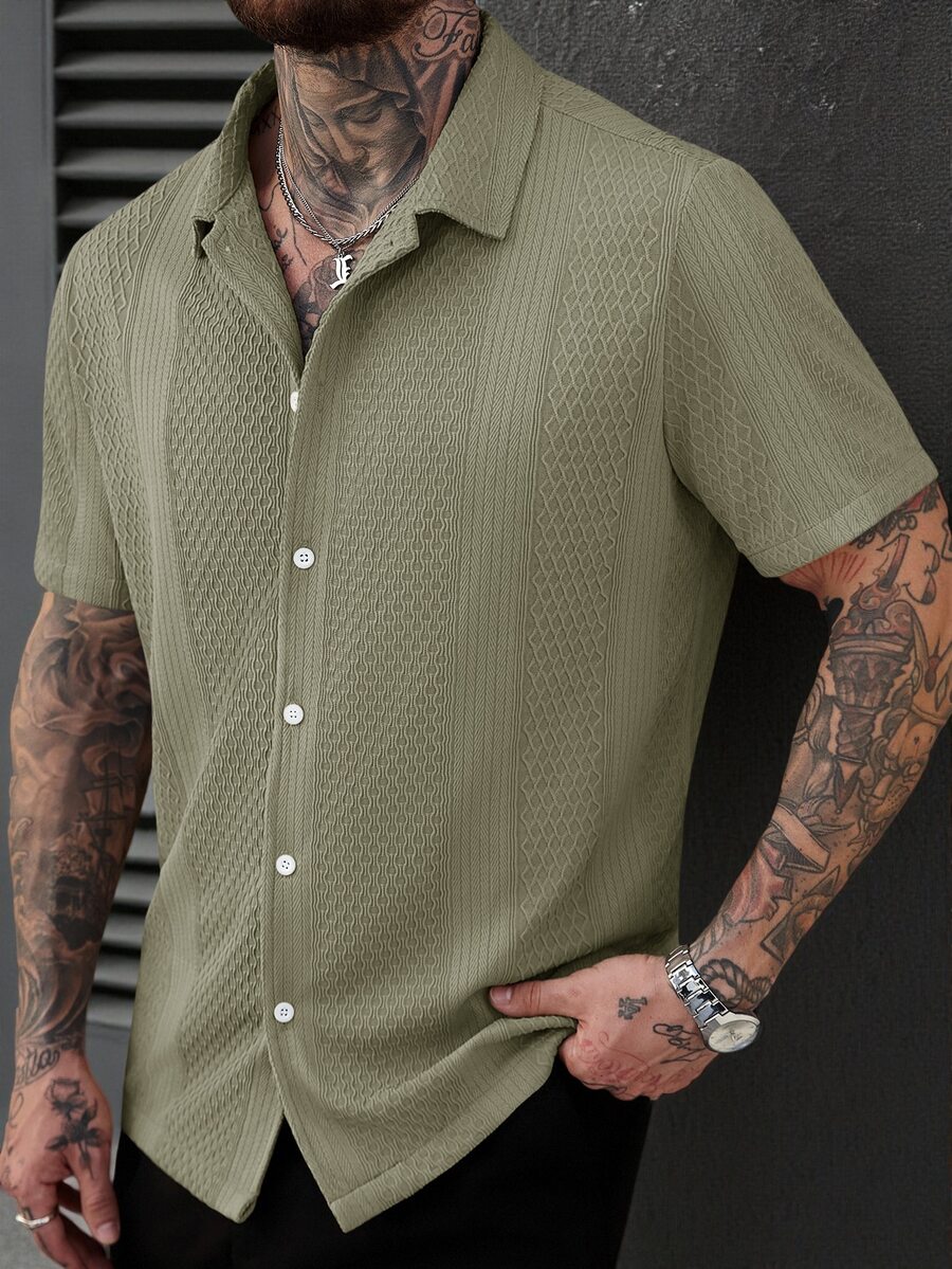 SLATEMANN Solid Color Knit Jacquard Men's Short Sleeve Shirt - Green - View 1
