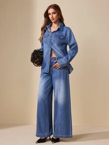 Selenza Celana Jeans Denim Kasual Longgar Kaki Lebar dengan Desain Saku untuk Wanita - Biru - View 11