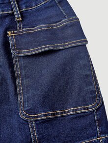 SHEIN MOD 女款鈕扣休閒日常牛仔迷你裙 - 深色水洗藍 - 查看 4