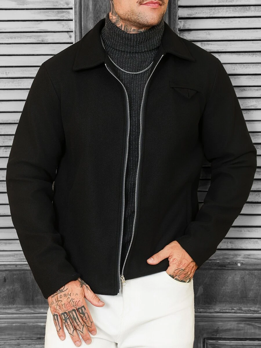 Manfinity CasualCool Men's Casual Solid Color Long Sleeve Zip-Up Wool Blend Jacket - Black - View 1