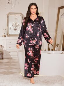 MuseNap CURVE Set Piyama Lengan Panjang Motif Bunga dengan Kerah Klasik Ukuran Plus, Pakaian Santai Rumah yang Modis dan Nyaman, Set 2 Potong - Hitam - View 5