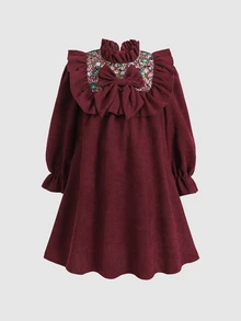 SHEIN 女童編織純色拼接花卉彼得潘領休閒洋裝 - 紅色 - 查看 3
