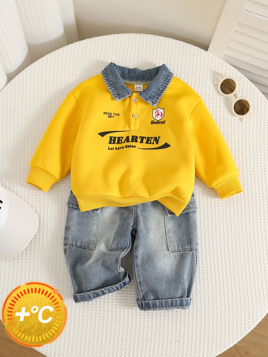 SHEIN 2pcs Baby Boy Autumn/Winter Letter Print Contrast Color Shirt Collar Long Sleeve Pullover Sweatshirt & Denim Jeans Two Pieces Set, Yellow Sweatshirt Racing Outfit, Sweatshirt Set, Denim Set - Multicolor - View 1