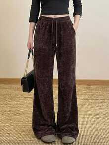 DAZY Women's Elastic Waist Drawstring Tie Pocket Elegant Long Pants - Brown - View 6
