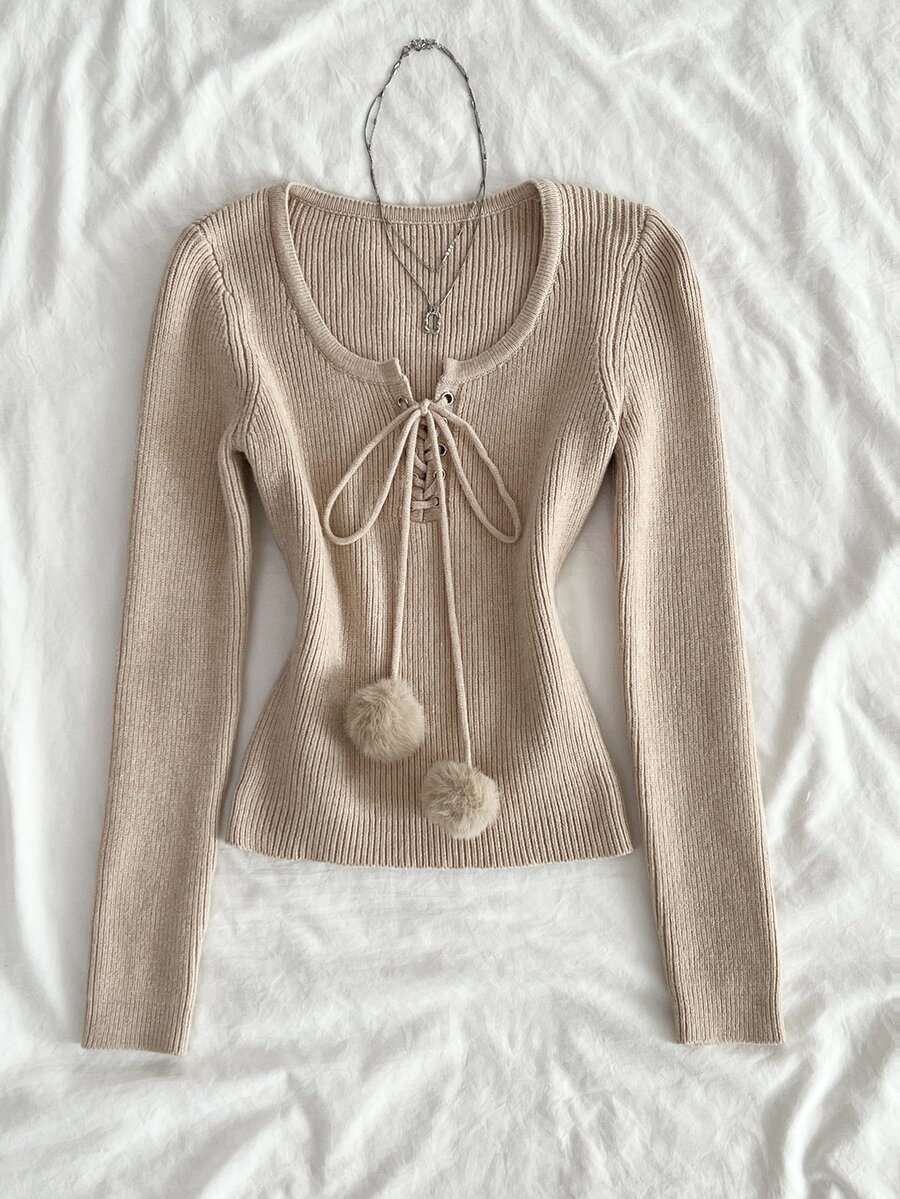 Dulcita Women's Autumn/Winter Round Neck Cross Tie Pom Pom Design Fitted Ribbed Knit Sweater, Cute Vibe - Khaki - View 1
