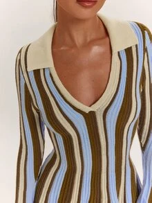 SHEIN BAE Women's Vintage Striped Colorblock Long Sleeve Sweater Dress - Black - View 7