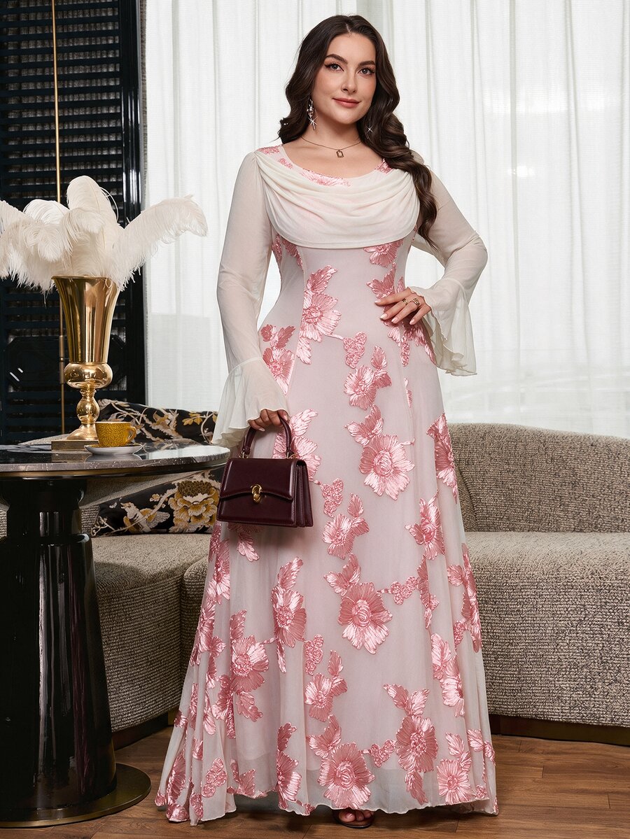 Reflora Plus Size Women's Jacquard Bell Sleeve Pleated Elegant Dress Fall - Pink - View 1