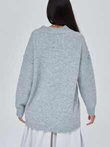 MUSERA Deep V Contrast Ribbed Hem Knitted Oversized Loose Fit Jumper Fall Autumn Winter Coolgirl Back To School Blancs - Grey - View 5