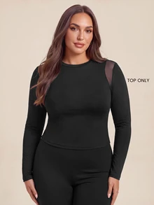 SHEIN Dewbera Women's Plus Size Solid Color Contrast Mesh Long Sleeve Sports T-Shirt - Black and White - View 2