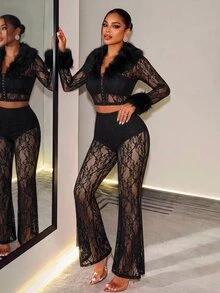BamGleam Women's Autumn Solid Color Sheer Sexy Fur Trim Top And Flare Pants Black 2 Pieces Set - Black - View 5