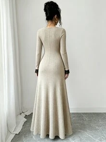Elenzga 燕麥奶咖啡色法式蕾絲V領毛絨羅紋針織長袖修身顯身材長款緊身魚尾裙女款 - 彩色 - 查看 3