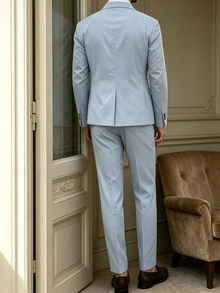 Manfinity Bizformal Setelan Jas Pria Elegan Lengan Panjang Berkancing dan Celana Panjang dengan Saku - Baby Blue - View 2
