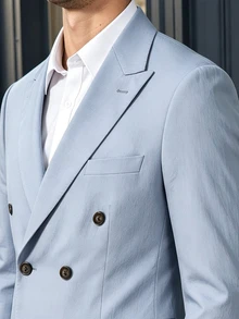 Manfinity Bizformal Setelan Jas Pria Elegan Lengan Panjang Berkancing dan Celana Panjang dengan Saku - Baby Blue - View 4