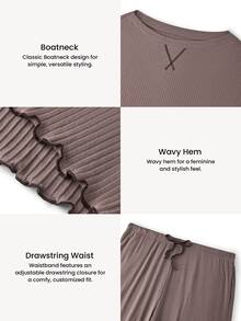 LUVLETTE Fall Women's Plus Size Brown Round Neck Long-Sleeved Pants Loungewear Set, Ribbed Texture Fabric, Comfortable Cotton Pajamas Lounge Sets For Women - Coffee Brown - View 3