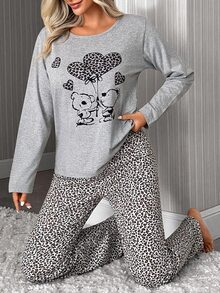 SHEIN %100 Cotton Women 2 Pcs Sleeveless Leopard Heart Cartoon Patterned Sleep Top + Elastic Waist Relaxed - Multicolor - View 6