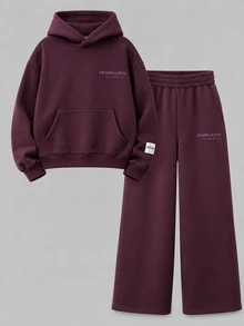 SHEIN 青少年女孩秋冬粉色運動衫套裝，長袖連帽運動衫與寬鬆休閒運動長褲套裝 - 中紫紅色 - 查看 3
