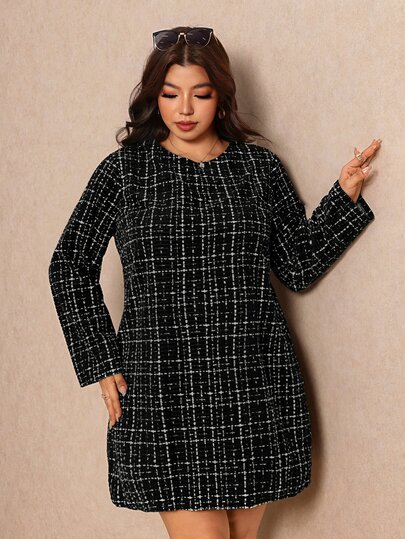 Elaquor Plus Size Vintage Fashion Long Sleeve Color Block Dress For Dating