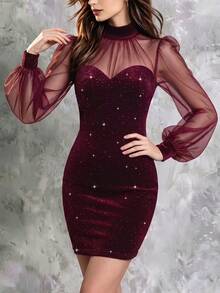 LUMIGAL Women's Mesh Patchwork Glitter Fashion Date Party Dress - Burgundy - View 4