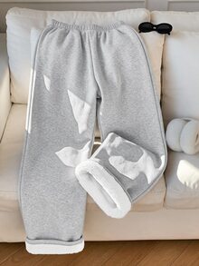 Comfortcana 女款馬術刺繡抽繩腰保暖內裡寬鬆休閒運動長褲 - 灰色 - 查看 2