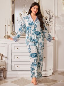MuseNap CURVE Elegant Premium Champagne Velvet Printed Exquisite Button Long Sleeve Long Pants Plus Size Pajama Set - Blue - View 6