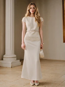 Anewsta Autumn Beige 2 In 1 Lightweight Dress With Textured Hem, Lace Trim And Belt For Women - Beige - View 1