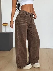 SHEIN PETITE 女款直筒寬鬆休閒百搭牛仔褲，附口袋 - 棕色 - 查看 6