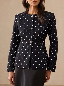BELROSIE 法式優雅女士通勤百搭波點精緻水鑽鈕扣收腰長袖修身女款西裝外套 - 黑色 - 查看 1