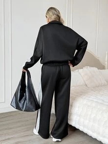Easowa Women's Striped Colorblock Long Sleeve Sweatshirt & Loose Pants Two Pieces Set - Black - View 5