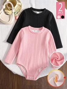 Elladie kids Girls' Solid Color Ribbed Knit Thickened Thermal Lined Semi-High Neck Long Sleeve Jumpsuit, Suitable For Autumn/Winter Layering, Casual Daily Style - Multicolor - View 3