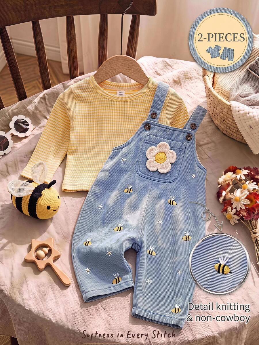 Cozy Pixies Baby Girls Jumpsuits Knit Striped Top & 3D Floral Overall Pants 2 Pieces Set - Multicolor - View 1