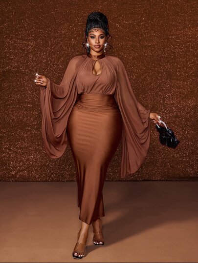 Maweii Plus Size Women's Mesh & Tulle Patchwork Elastic Fabric Bodycon Maxi Dress, Small Stand Collar Hollow Out Flowy Flared Long Sleeve, Spring/Autumn/Winter Evening Gown, Outer Layer Draping Smooth Chiffon, Inner Layer High Elastic Knit Fabric, Waist Pleats Flattering Silhouette, Suitable For Wedding, Evening Party, Outdoor Photoshoot, Tailored To Conceal Imperfections, Elegant High-End Long Dress