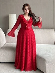 Vibekara Plus Size Women's V-Neck Flared Sleeve Party Office Sweet Sexy Dress With Ruffles And Polka Fall - Multicolor - View 4
