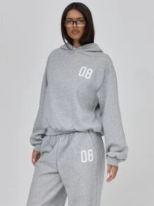 MUSERA Grey Jersey Graphic Hoodie Autumn Winter Fall Daily Everyday Essential Blancs - Grey - View 4