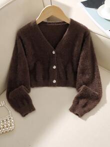 SHEIN Tween女孩秋冬針織開襟毛衣新品，獨特設計展現女孩獨特時尚品味，凸顯自然清新特質，適合親子時光、參加派對、戶外活動及穿搭拍照，ICON女孩必備 - 咖啡棕 - 查看 4