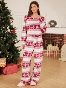 Doze Lane Christmas Red Snowflake Print Plush Pajama Set, Soft And Comfortable 2 Pieces Loungewear - Burgundy - View 1