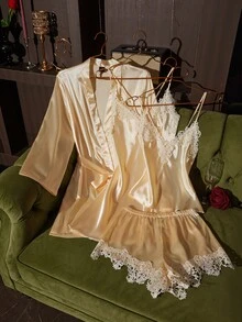 SilkySpell Women's Sexy Faux Silk Pajama Set, Yellow Heavy Embroidery Patchwork Silky Sleepwear Home 4-Piece Set - Yellow - View 1