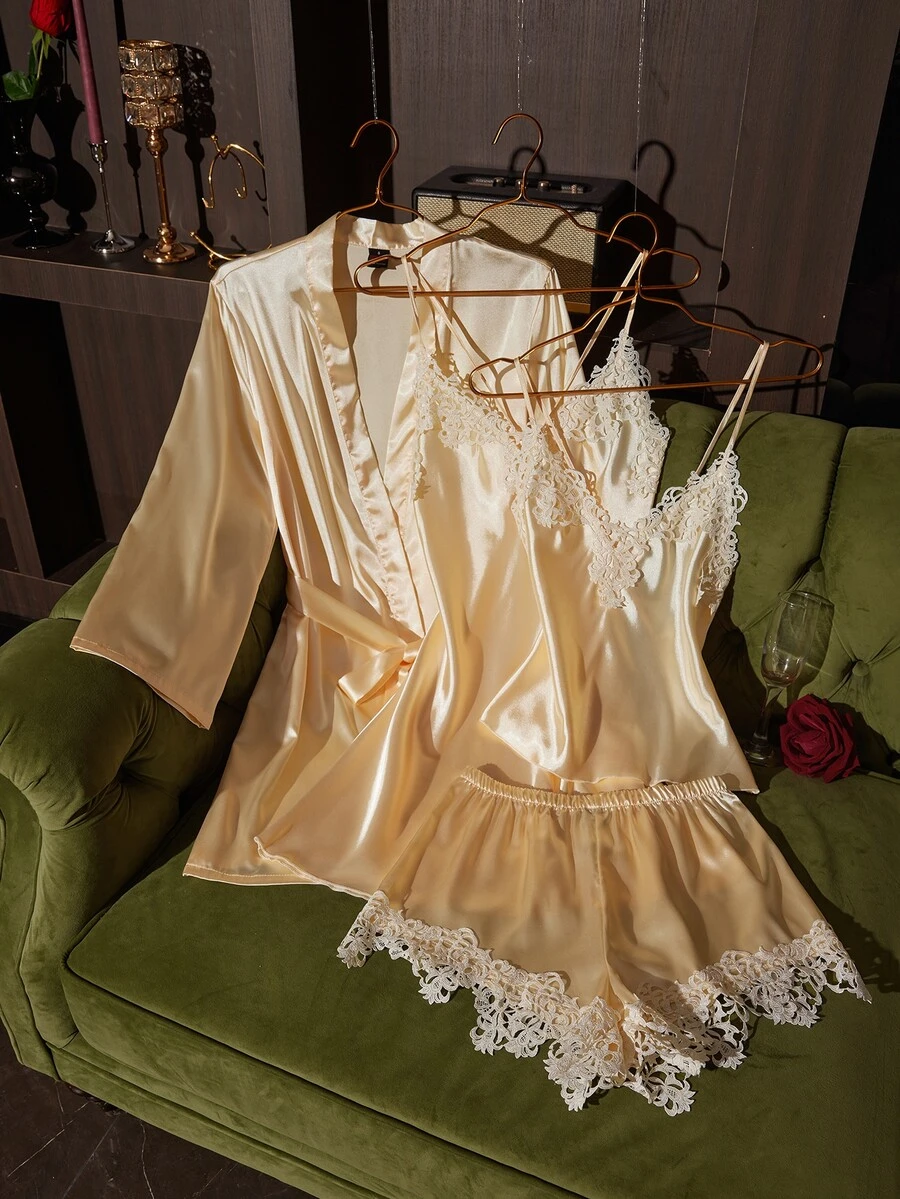 SilkySpell Women's Sexy Faux Silk Pajama Set, Yellow Heavy Embroidery Patchwork Silky Sleepwear Home 4-Piece Set - Yellow - View 1