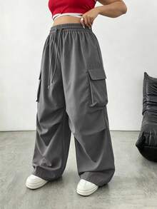 SHEIN Tall CURVE 大尺碼女款純色抽繩腰多功能休閒工裝褲 - 深灰色 - 查看 3