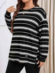 SHEIN LUNE 大尺碼秋冬休閒拼接條紋落肩側開衩T恤度假穿搭 - 彩色 - 查看 3