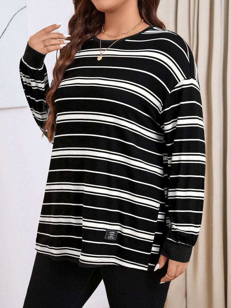 SHEIN LUNE ملابس مقاس كبير خريف/شتاء كاجوال بتصميم كتل لونية وخطوط وأكتاف منسدلة وفتحة جانبية تي شيرت ملابس عطلة - متعدد الألوان - مشاهدة 3