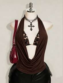 SHEIN ICON 女款大尺碼復古性感時尚個性休閒 Y2K 千禧風都市現代大膽前衛黑色細肩帶背心上衣 豹紋綁帶式內衣 2 件組背心背心上衣 - 咖啡棕 - 查看 1