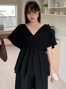 Dazy Plus Plus Size Women Solid Color Casual Street Vacation Spring Autumn V-Neck Short Sleeve Top And Pants 2 Pieces Set - Black - View 4