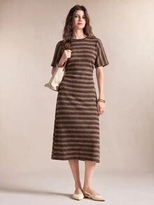 BizChic Gaun Lengan Pendek Kasual Bergaris untuk Wanita, Cocok untuk Musim Panas Sehari-hari - Coklat - View 1