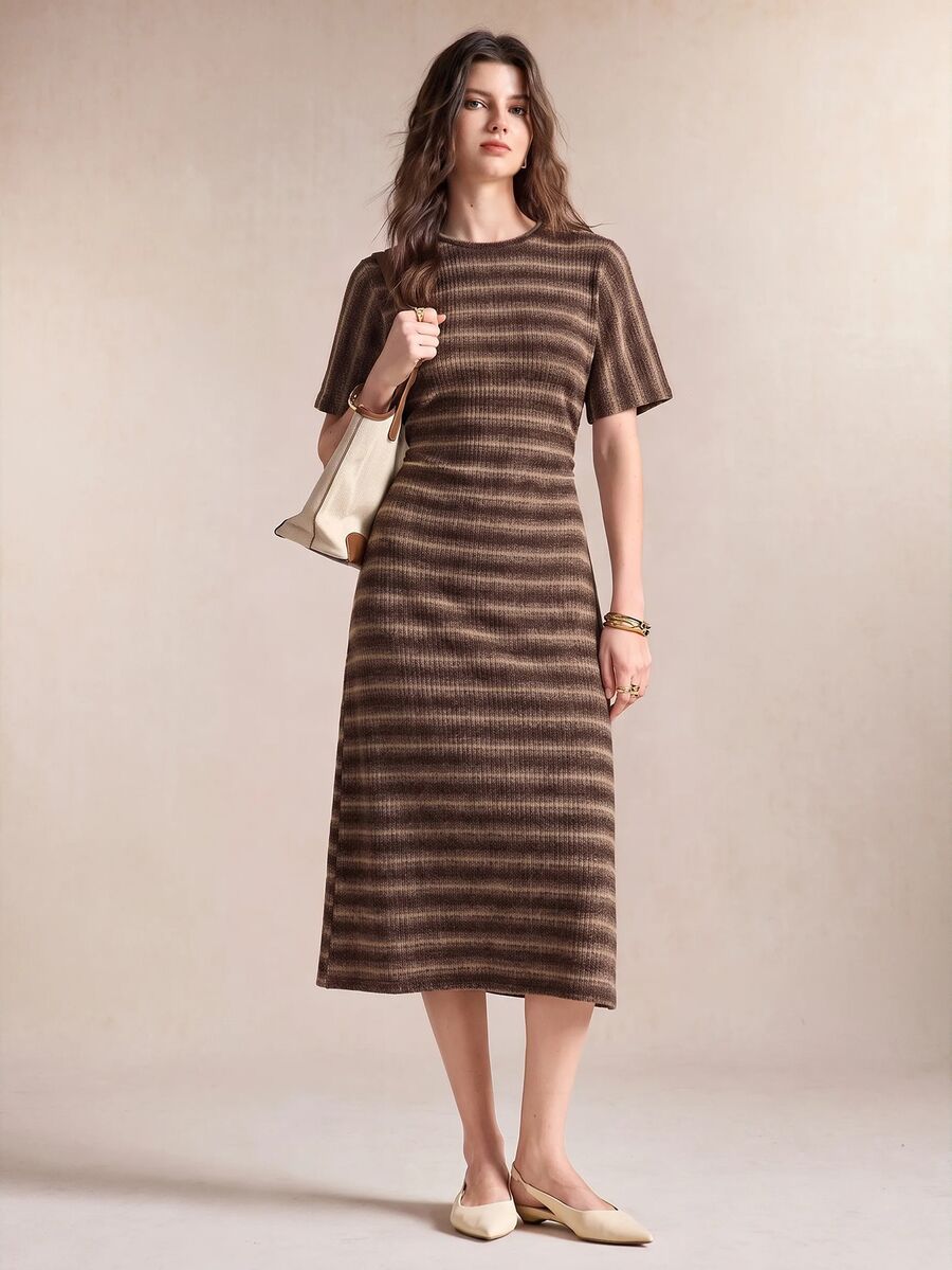 BizChic Gaun Lengan Pendek Kasual Bergaris untuk Wanita, Cocok untuk Musim Panas Sehari-hari - Coklat - View 1