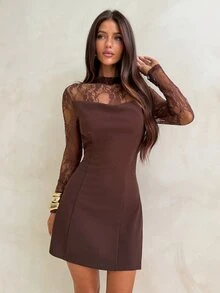 Aloruh Coffee Brown Party Cocktail Dress With Stand Collar, Lace Long Sleeve Patchwork, Mini A-Line Skirt For Women - Coffee Brown - View 6