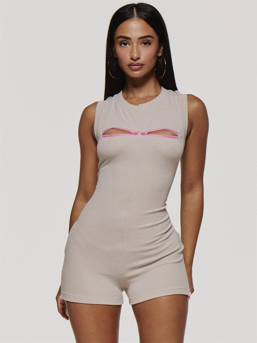 MUSERA Grey Knit Zip Detail Unitard Playsuit Autumn Fall Winter Coolgirl Rave Festival Ultra M - Khaki - View 1