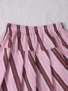 SHEIN 女款 2 合 1 套裝，拼接泡泡袖，粉色與白色條紋，單排扣，領口蝴蝶結，百褶迷你裙，校園秋季休閒風 - 彩色 - 查看 8